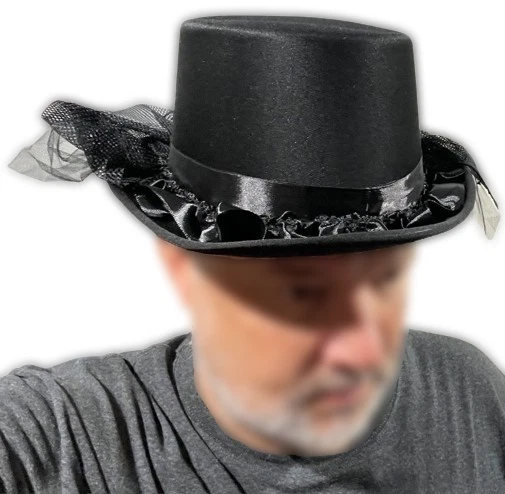 SOMBRERO VICTORIANO NEGRO Adulto Satén Volantes Funeral Disfraz Formal Steampunk Gótico Foto 4 de 4