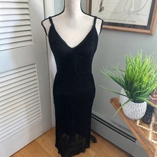 Vintage Crochet Midi Dress Black 12 Plunging V-Neck Retro Y2K Indie Goth Grunge