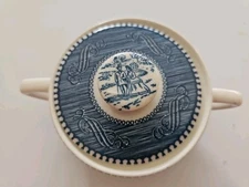 Vintage blue Currier and Ives Sugar Bowl With Lid. 