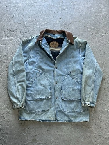 Vintage Woolrich Denim Barn Work Coat Jacket Size Medium Wool Lined