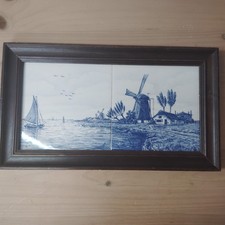 Holland Delft Blue Windmill Framed Wall Tiles Hand Decorated Painted Dutch 14"x8