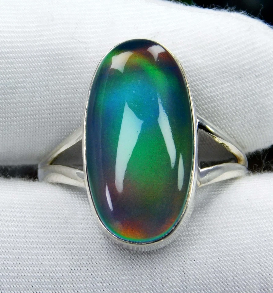 Anillo de ópalo aurora 22,10 quilates - cabujón de fuego arco iris ovalado en plata de ley 925 Foto 3 de 4