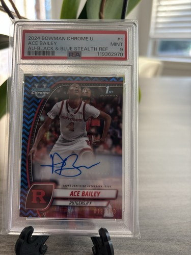 2024 Bowman Chrome U Black & Blue Stealth Refractor Auto Ace Bailey PSA 9 - Picture 1 of 2