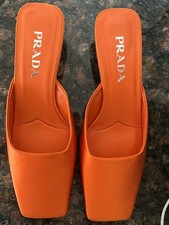 PRADA Modellerie Satin Mules Orange Arancio EU 36/6 US Square Toe Kitten Heel