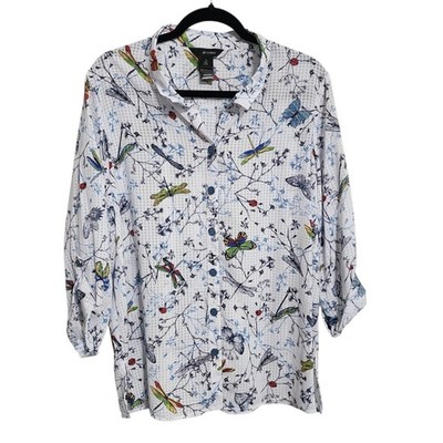 Ali Miles Button Up Top 1X Lightweight Roll Tab Sleeve Butterfly Dragonfly NWT