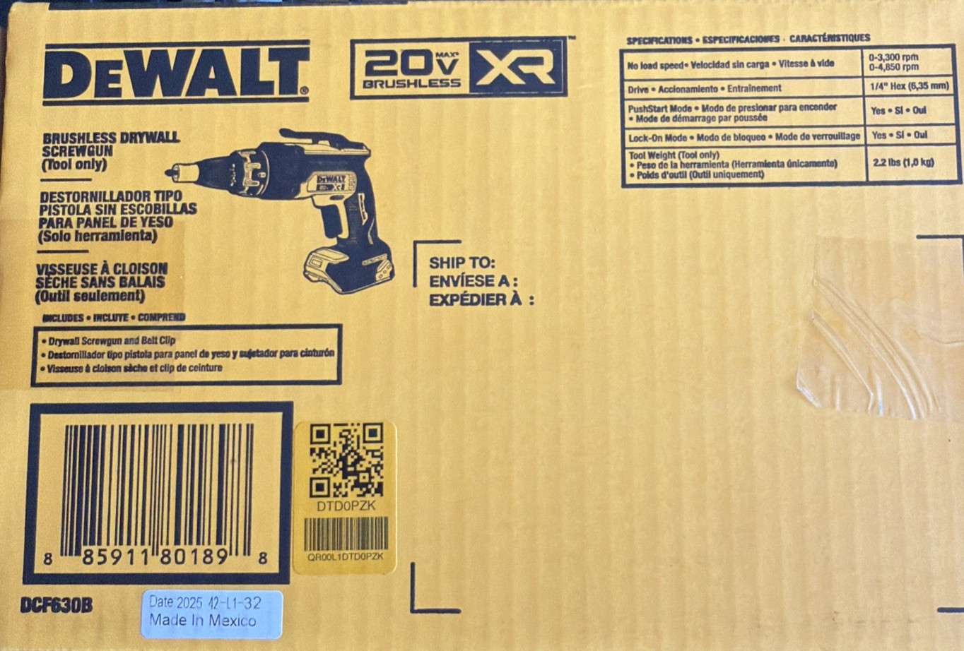 New DeWalt DCF630B 20V MAX XR Brushless Drywall Screwgun