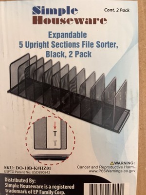 2 Pack- SimpleHouseware Expandable 5 Upright Section File Sorter Organizer Black