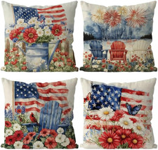 4Th of July Pillow Cover 18X18 Inch Set of 4 Chair America Flag Stars Stripes Pa