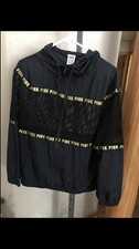 Womens Victorias Secret PINK FullZip Black Gold Logo Mesh Hooded Jacket XS/S EUC