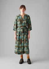 Toast Irregular Check Print Tie Front Dress Size Medium Green Midi Sleeves