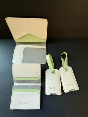 Rodan + Fields Passport Luggage Tags ID Holder Beige Green Travel Set (4) Piece
