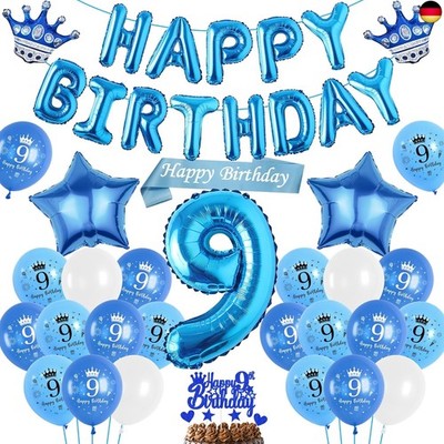 Luftballon 9. Geburtstag Deko Junge Blau, Happy Birthday Banner Ballons XXL