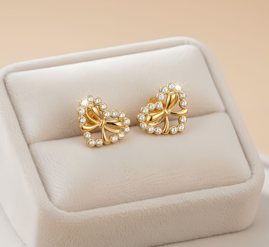 Boucles d'oreilles cœur plaqué or femme nœud et zircons étincelants de taille moyenne