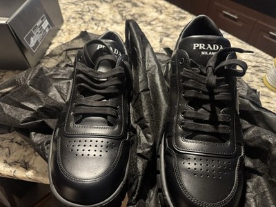 PRADA Milano Men s Black Leather Low Top Lace-Up Sneakers Style Code 2EE378
