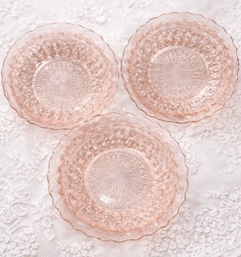 Set 3 Pink Depression Glass 8” Bowls Shallow Scalloped Starburst Diamond Pattern