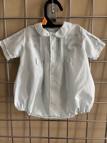 Vintage Feltman Brothers Embroidered Bubble Baby Boy Blue White Sz 0-3M No Sash