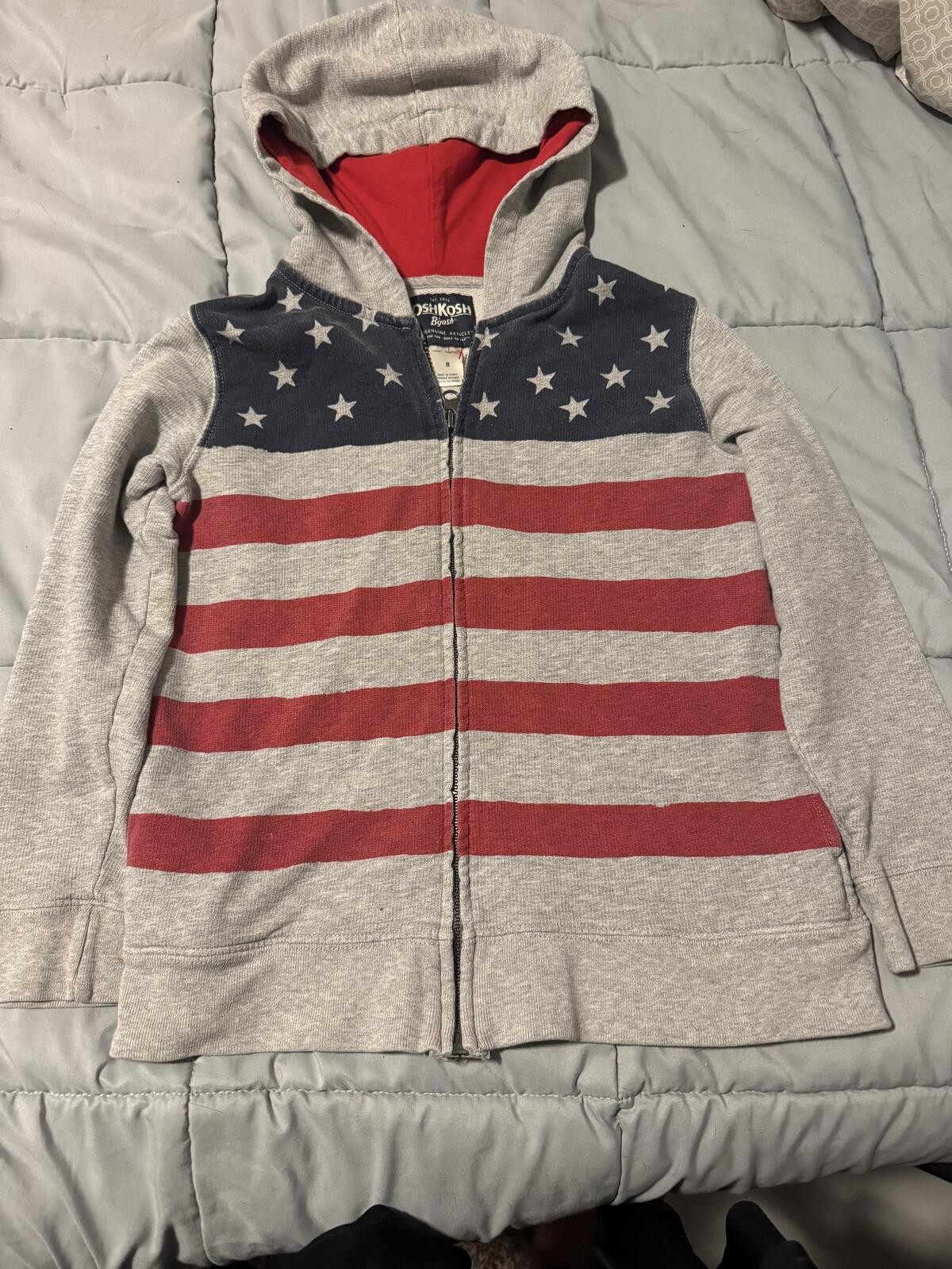 OshKosh B’gosh Kids Size 8 American Flag Zip Hoodie Red White Blue Patriotic