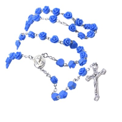 Religious Prayer Rosary Necklace with Rose Beads and Crosses Pendant Neckchain