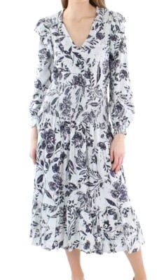 aqua floral smocked midi dress Aqua Women's Size Large Smocked Large Floral Print Midi Dress Linen-Blend  New