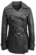 Womens Soft Leather Trench Coat Double Breasted Slim Fit Mid Length 6 Colours