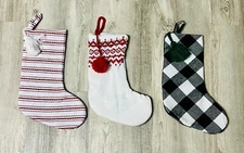 New Set Of 3 Target Farmhouse Christmas Stocking  Knitted Plaid Stripes Pompoms
