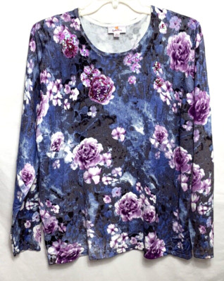 Quacker Factory Floral Printed Knit Pullover Sequin Embellishment XL Purple