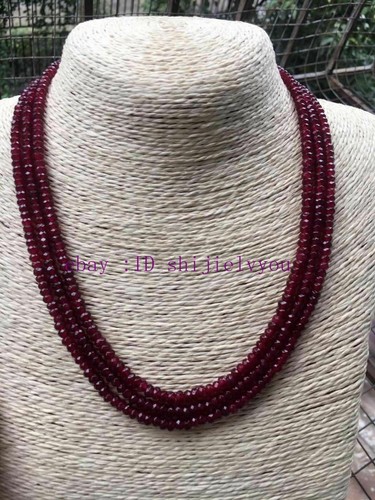 GENUINE TOP NATURAL 3 Rows 2X4mm FACETED RED RUBY BEADS NECKLACE 18-20'' - Picture 2 of 4