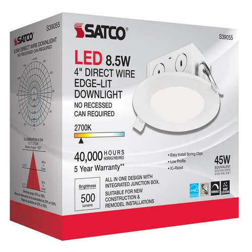 Satco S39055 8.5W LED Direct Wire Downlight Edge-lit 4 Inch 2700K 120V Dimmable - Picture 2 of 5