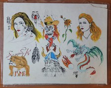 ORIGINAL Vintage Shop Used Tattoo Flash Sheet Hand Colored, USMC Bulldog Viking