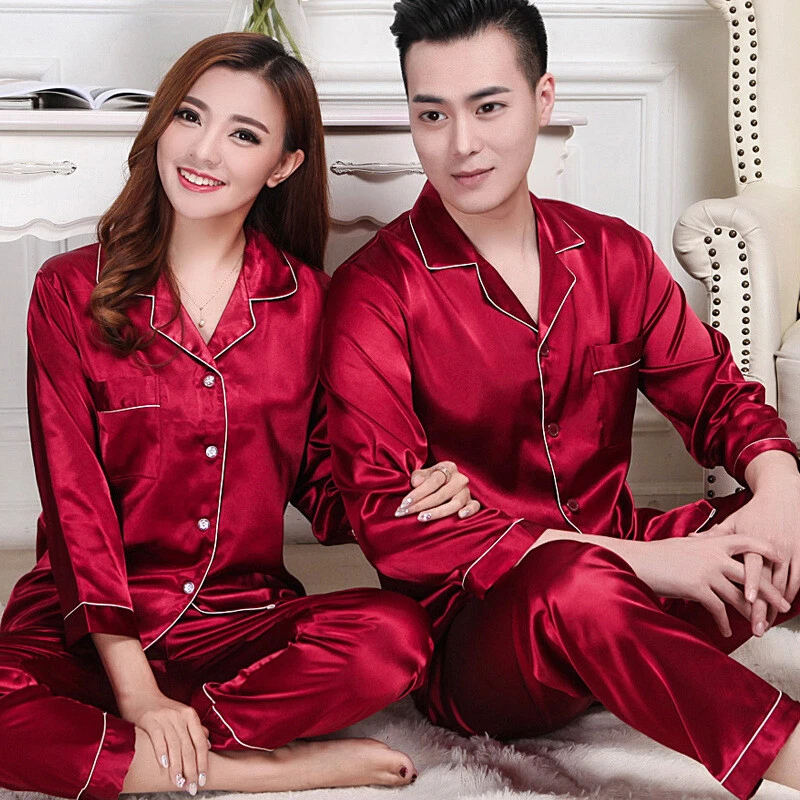 Women Men Silk Satin Homewear Pyjamas Set Couple Sleepwear Family Nightwear  Pjs