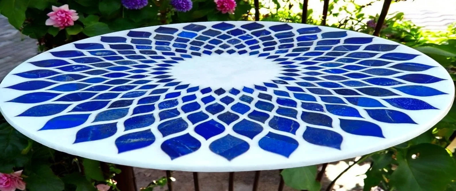 White Marble and Lapis Lazuli Gemstone Coffee Table Top – Natural Unique Furniture