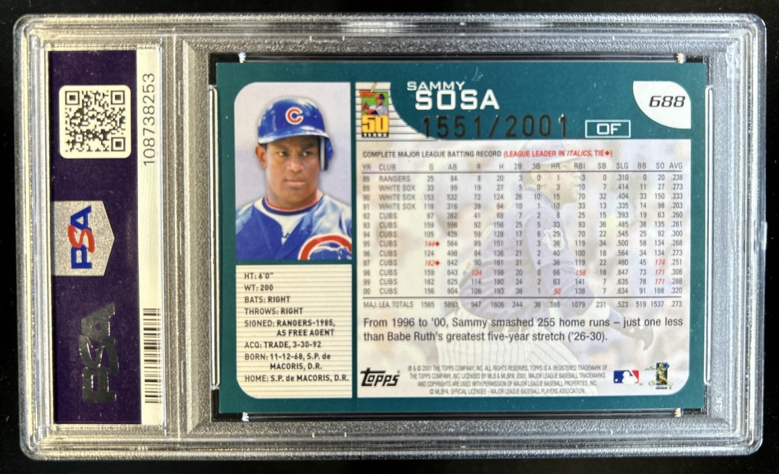 2001 Topps Sammy Sosa Gold #/2001 Cubs PSA 8 view 2