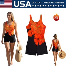 Women Floral Print Boyleg One Piece Swimsuit Sleeveless U Neck Bathing Suit