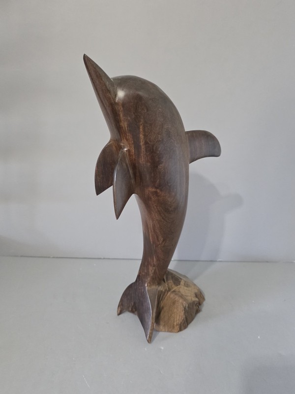 Vintage Hard Wood Carved Dolphin Statue 15"