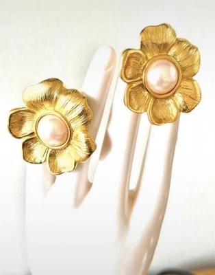 boucles d’oreilles Fleur Doré vintage Perle Nacre jewelry earring bijoux Couture - Photo 1/4