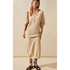 FP Beach Beige Knit Henley Sweater Dress Midi Long Sleeve Button Front M