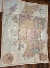 ORIGINAL! c1900 Bacon's Linen Cycling Map of Scotland with Main Roads Colored