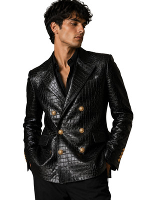 Men's Black Leather Blazer Crocodile Embossed Luxury Double-Breasted Button Coat