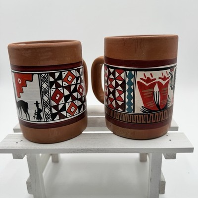 Lot 2 Cusco Peru Hand Painted Folk Art Terra Cotta Coffee Cup Mugs Geometric