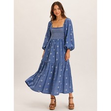 Free People Dahlia Dress Blue Daisy Embroidered Cottagecore Prairie Boho Maxi S