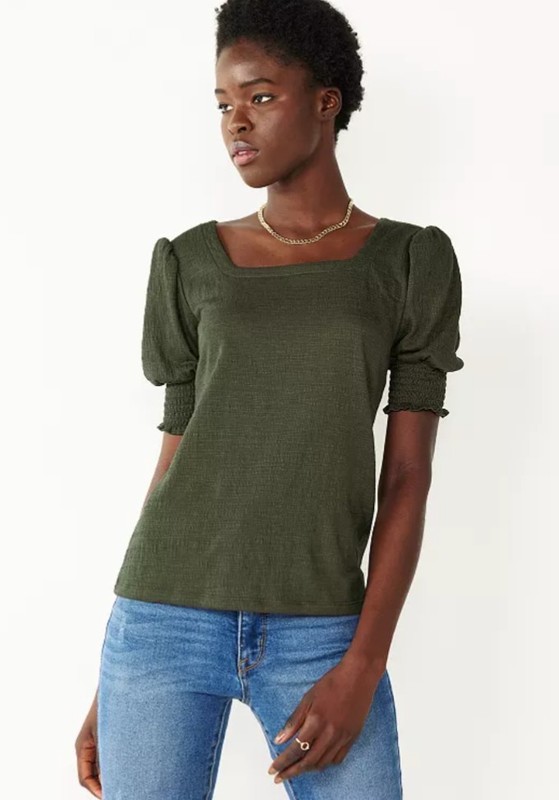 Nine West Olive Green Square-Neck Top L - Smocked Cuffs - Excellent