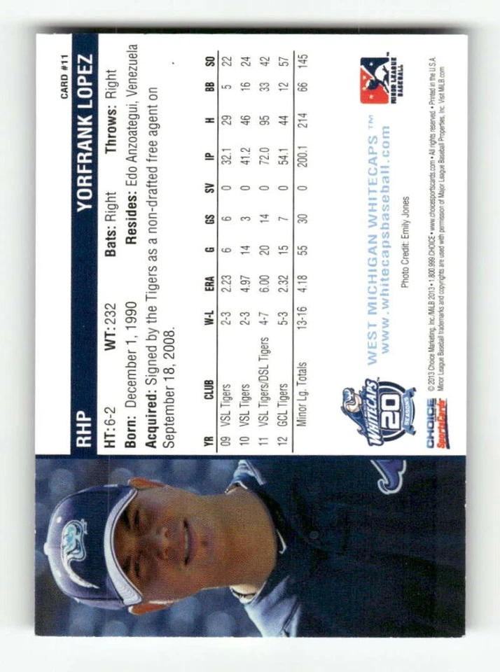 2013 Choice West Michigan Whitecaps 11 Yorfrank Lopez BXCP14 - Image 2 of 2