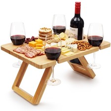 Bamboo Wine Picnic Table, Foldable Portable Charcuterie Tray with Bottle Slot...