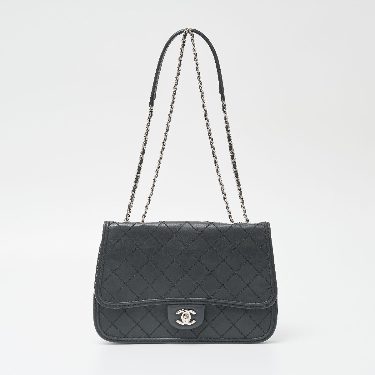 CHANEL Wild Stitch Black Silver Calfskin Leather Chain Shoulder Bag