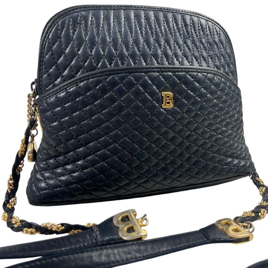BALLY Shoulder bag Quilted leather Chain Black Authentic From Japan