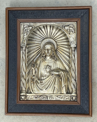 Vintage versilbertes Repoussé Wandrelief Unbeflecktes Herz Mariens Spanisch