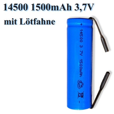 ICR 14500 3,7V 1500mAh mit U-Lötfahne Li-Ion Ersatz Akku Wiederaufladbar