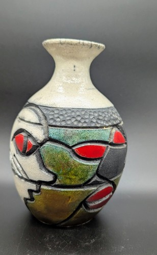 Vintage Studio Art Pottery Raku Glaze Red Eye Face Vase Signed CC 7"