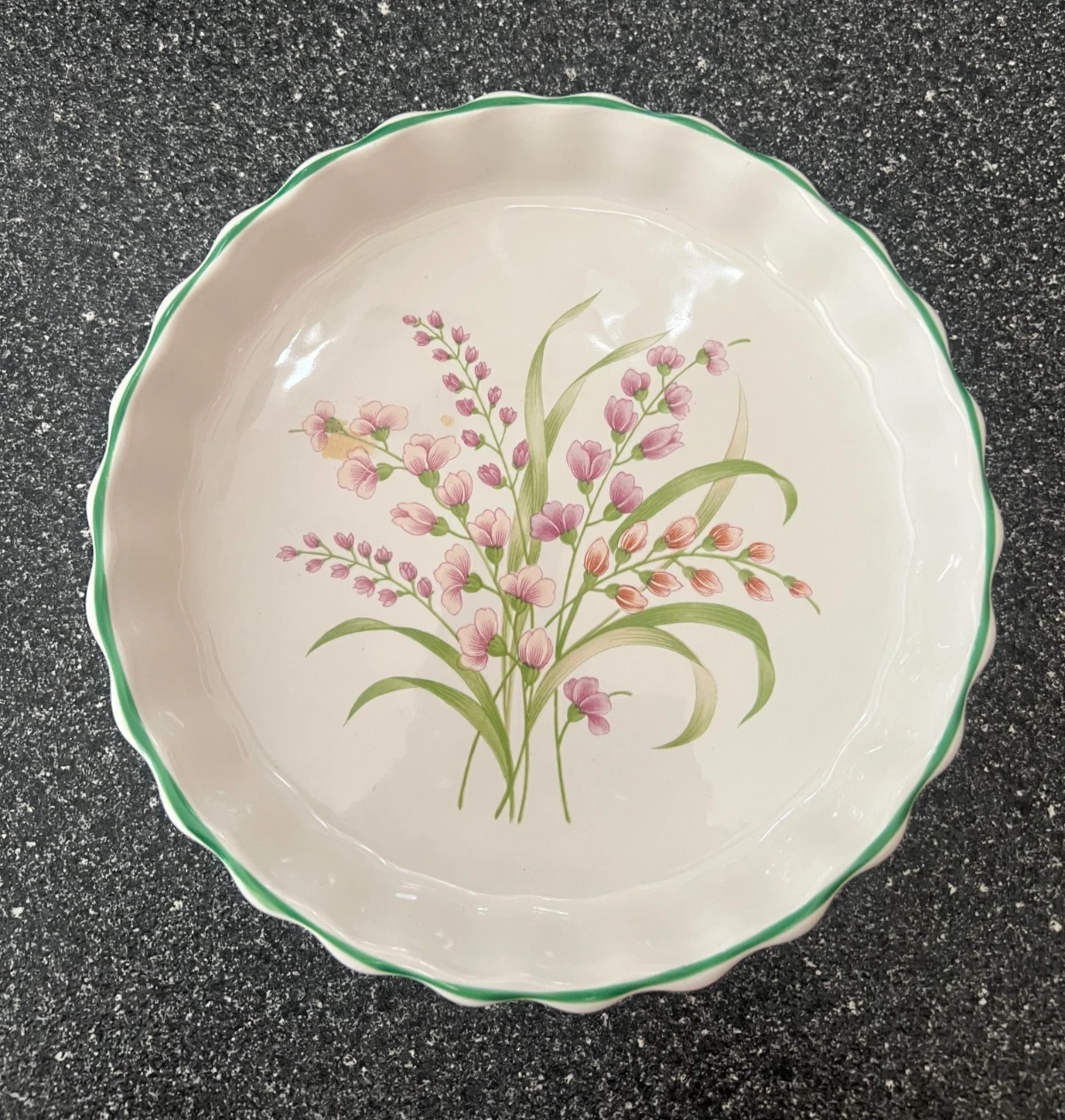 Vtg 7" Fluted Quiche Tart Pie Baking Dish Freesia Wildflowers Stoneware England