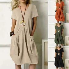Summer Pockets Casual Cotton Linen Loose Round Neck Solid Short Sleeved Dress